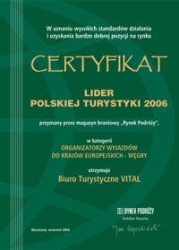 Certyfikat, Lider polskiej turystyki 2006